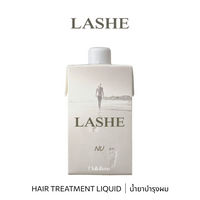 B-ex LASHE NU 400mL hair treatment liquid bottle with pump dispenser and purple label, designed for nourishing hair.