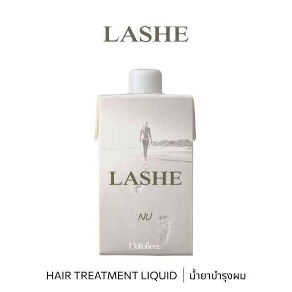 B-ex LASHE NU 400mL hair treatment liquid bottle with pump dispenser and purple label, designed for nourishing hair.