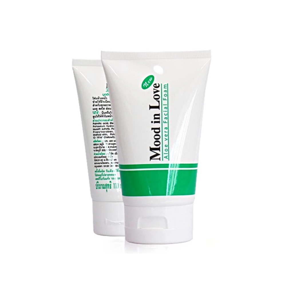 PAON Mood in Love Aloe Vera Facial Foam in a pump bottle, showing the light green, creamy facial cleanser with aloe vera extract