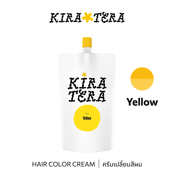 b-ex KIRATERA Yellow 400g hair color cream tube, vibrant yellow hair dye product with brand label visible.