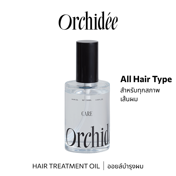 b-ex Maison Orchidee Care Oil 100mL for hair treatment, shown in a clear bottle with a dropper lid and orchid flower design