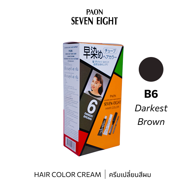 Paon7-8 HairColor Cream in B6 Darkest Brown showing the cream tube with dark brown hair color product and brand logo.